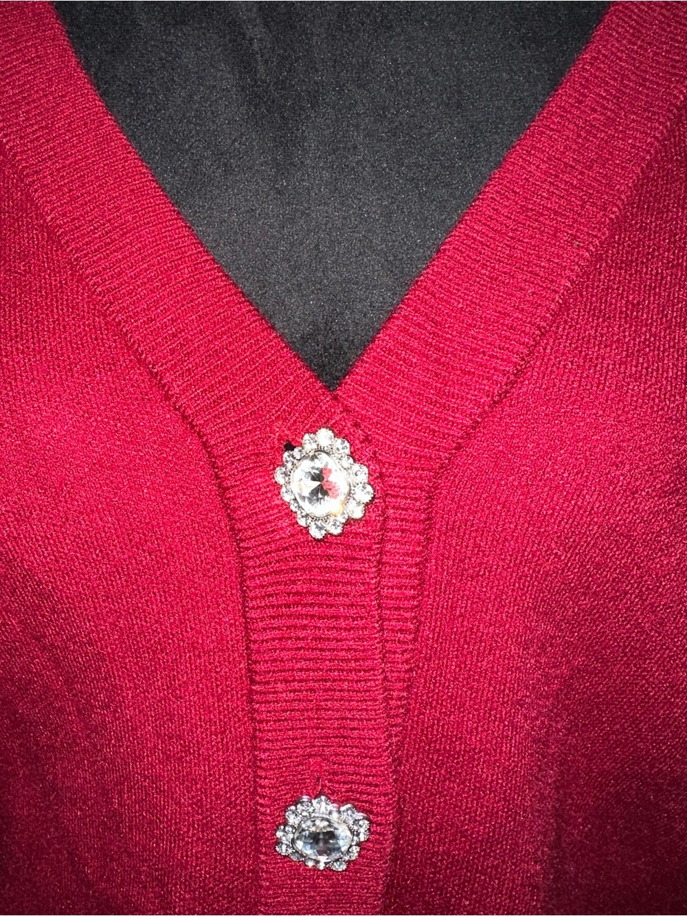 Tahari Red V-Neck Cardigan with Rhinestone Buttons - Picture 3 of 7